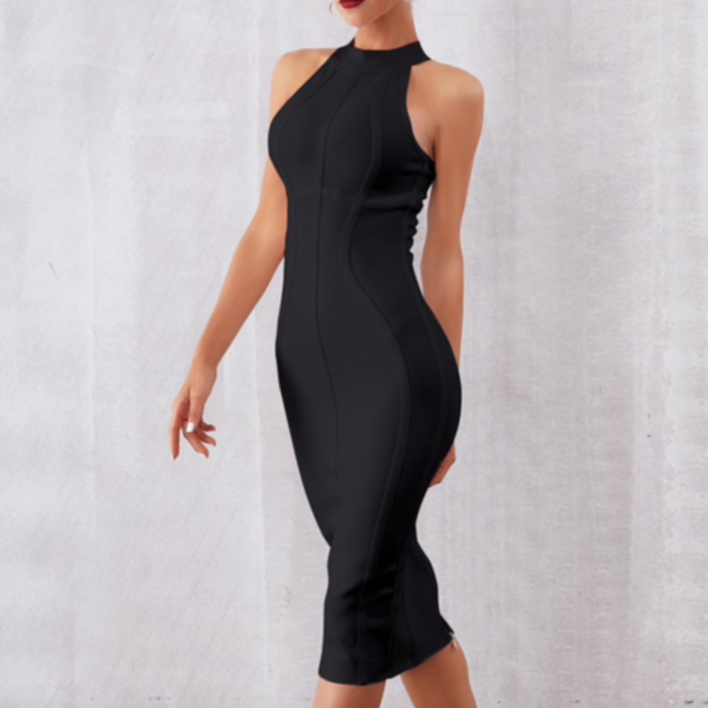 NEW! BLACK HIGH NECK UNDER BUST BANDAGE DRESS